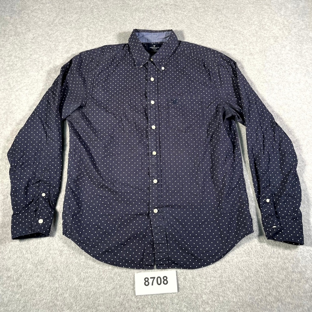 American Eagle Outfitters Shirt Mens Medium Navy Blue Polka Dot Classic Fit